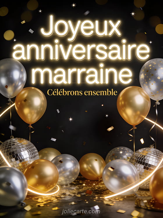 Ballons dorés et argentés avec confettis scintillants et texte Joyeux anniversaire marraine en lettres néon lumineuses