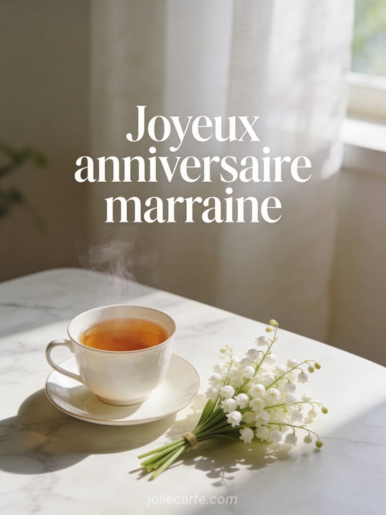 Tasse de thé fumante et bouquet de muguet sur table en marbre avec texte Joyeux anniversaire marraine