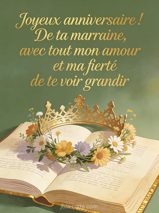 Couronne de fleurs sauvages sur un livre ancien ouvert avec texte cursif doré sur fond vert sauge