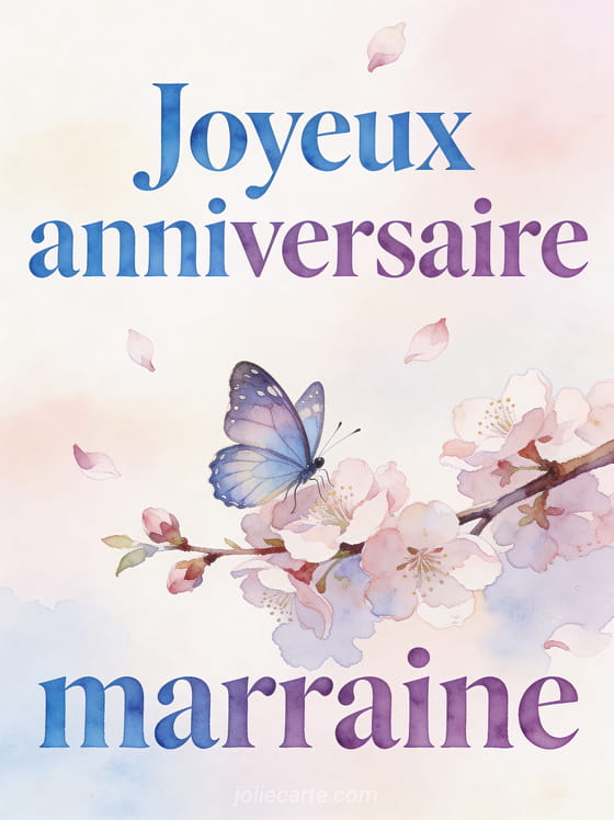 Papillon posé sur une branche de cerisier en fleurs avec pétales flottants et texte Joyeux anniversaire marraine