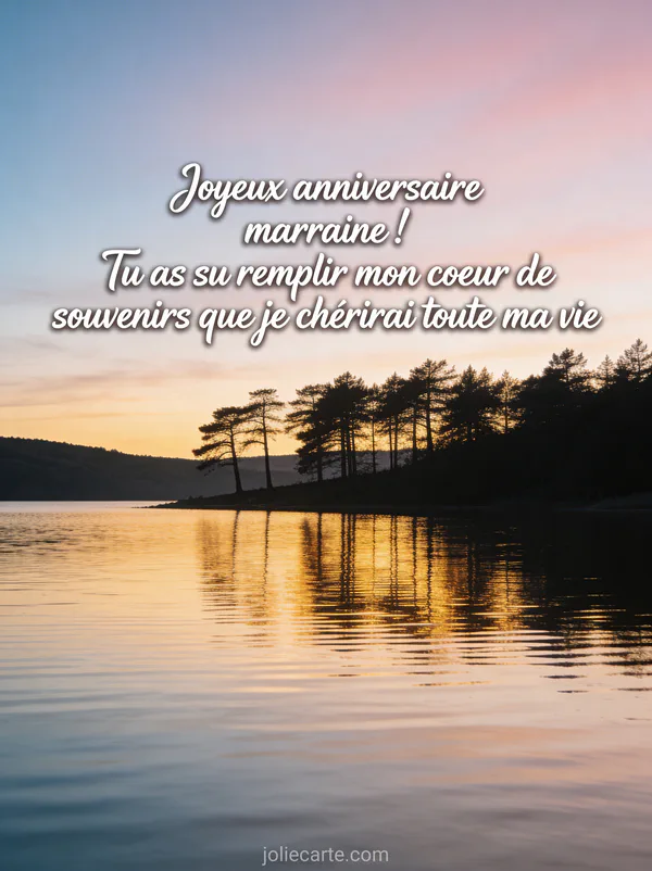 Lac au crépuscule avec reflets dorés sur l'eau et arbres en silhouette avec texte Joyeux anniversaire marraine