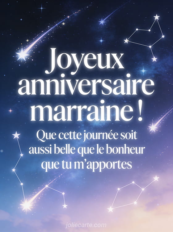 Étoiles filantes traversant un ciel étoilé avec constellations lumineuses et texte Joyeux anniversaire marraine