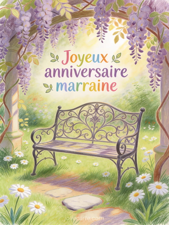 Dessin au crayon de couleur d'un jardin anglais avec banc en fer forgé sous une tonnelle de glycine et texte coloré