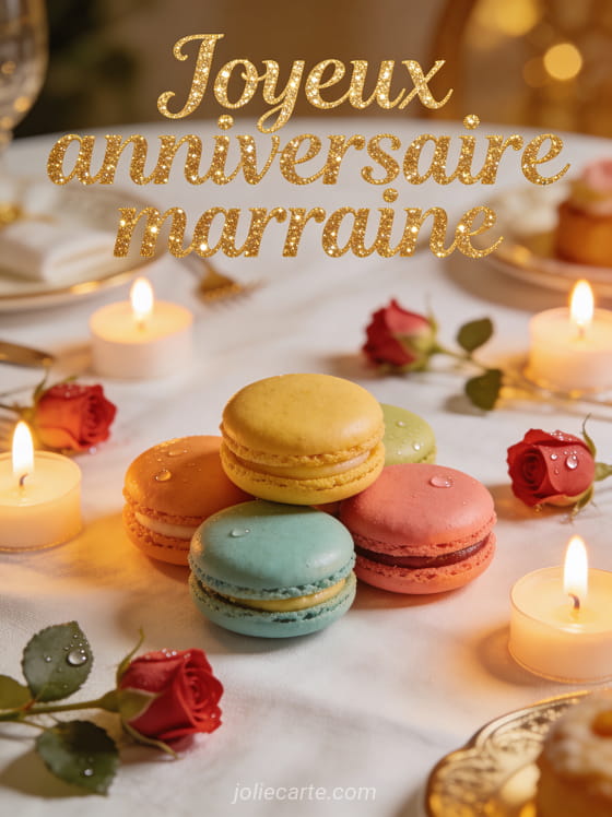 Table de fête avec macarons colorés, petites roses et bougies allumées avec texte Joyeux anniversaire marraine doré