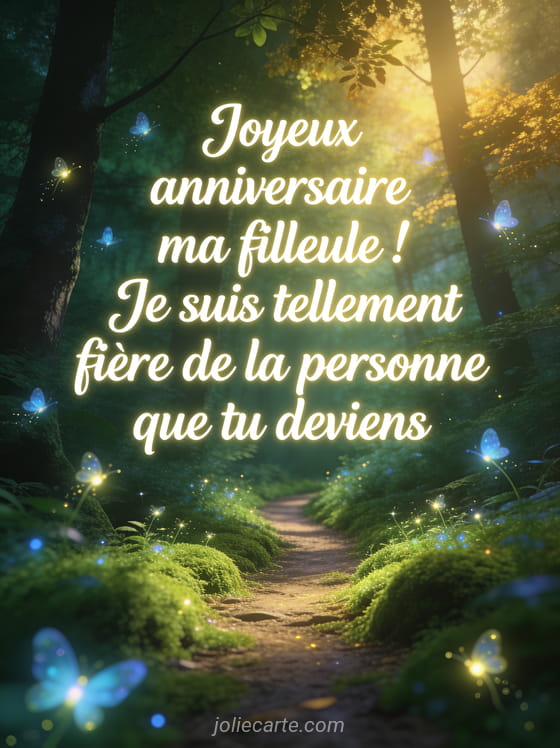 Sentier dans une forêt enchantée avec lucioles scintillantes et mousse verte sous une lumière dorée filtrée