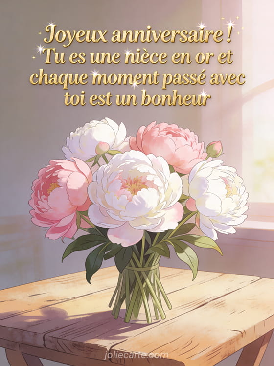 Bouquet de pivoines roses et blanches sur table en bois rustique avec le texte Joyeux anniversaire tu es une nièce en or