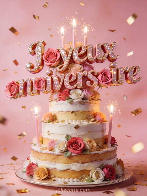 Gâteau à étages décoré de fleurs comestibles et bougies scintillantes avec le texte Joyeux anniversaire sur fond rose poudré