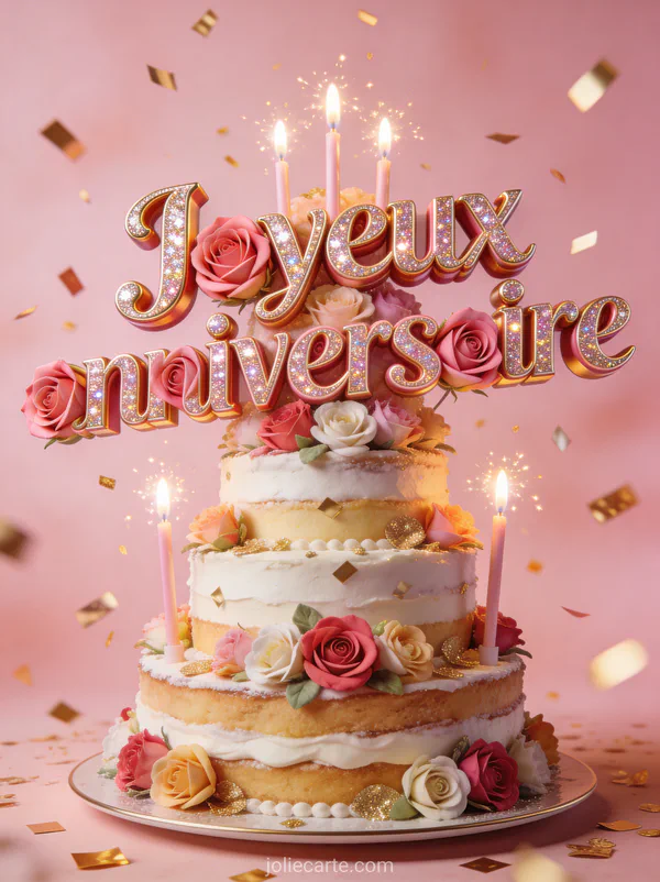 Gâteau à étages décoré de fleurs comestibles et bougies scintillantes avec le texte Joyeux anniversaire sur fond rose poudré
