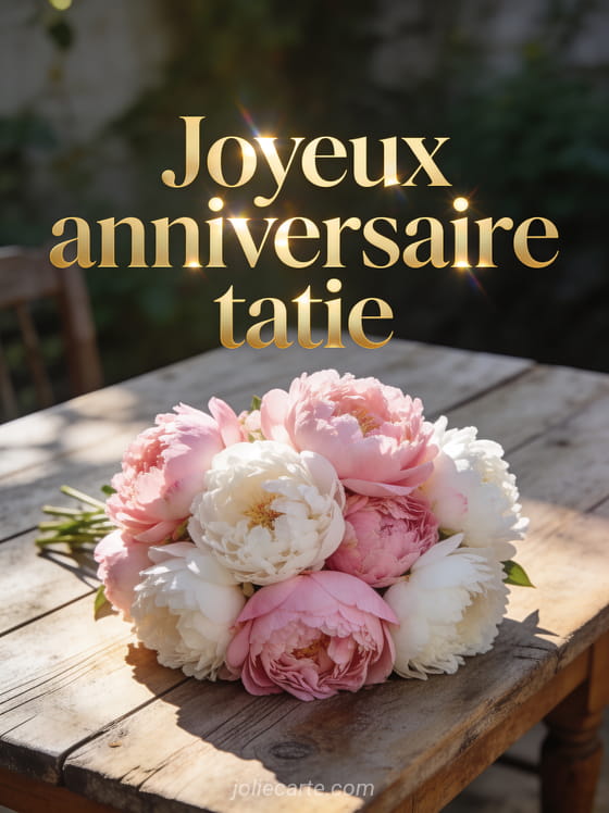 Texte Joyeux anniversaire tatie en lettres dorées avec un bouquet de pivoines roses et blanches sur une table en bois ancien
