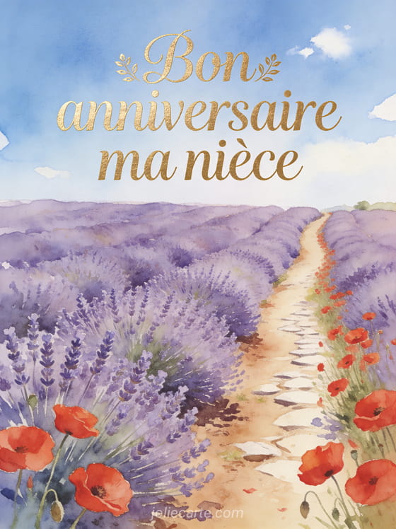 Champ de lavande sous un ciel bleu d'été avec coquelicots et chemin de terre avec le texte Bon anniversaire ma nièce en calligraphie dorée