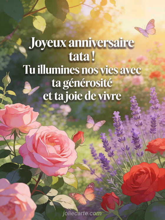 Texte Joyeux anniversaire tata en lettres blanches dans un jardin fleuri avec roses anciennes, lavande et papillons en vol
