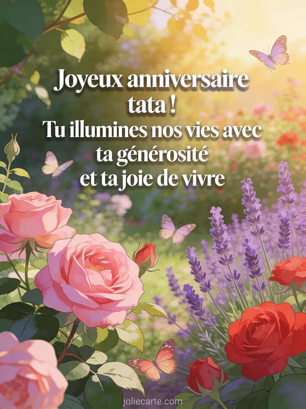 Texte Joyeux anniversaire tata en lettres blanches dans un jardin fleuri avec roses anciennes, lavande et papillons en vol