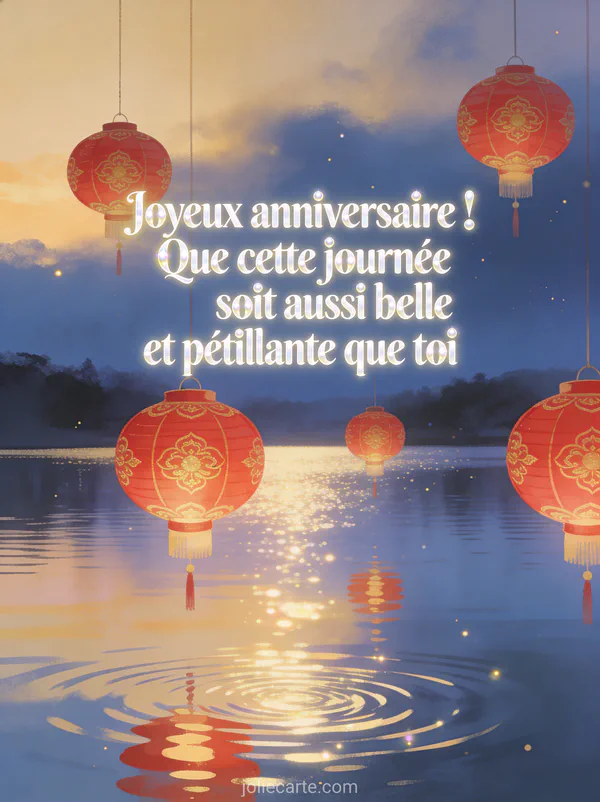 Lanternes chinoises suspendues au-dessus d'un lac au crépuscule avec reflets sur l'eau et le texte Joyeux anniversaire