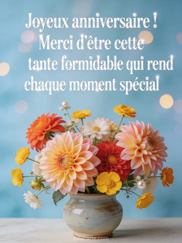 Texte Joyeux anniversaire en lettres blanches nacrées avec un arrangement de dahlias et renoncules dans un vase en céramique sur fond bleu pastel