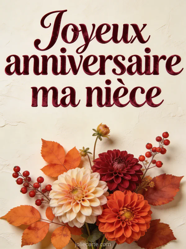 Composition florale automnale avec dahlias, feuilles orangées et baies rouges avec le texte Joyeux anniversaire ma nièce en lettres bordeaux
