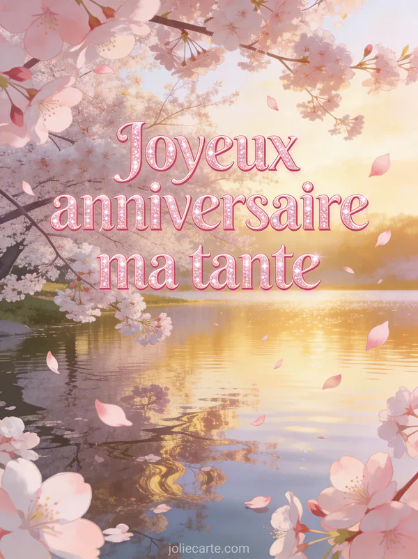 Texte Joyeux anniversaire ma tante en lettres roses pailletées devant un paysage de cerisiers en fleurs au bord d'un lac avec pétales tombants
