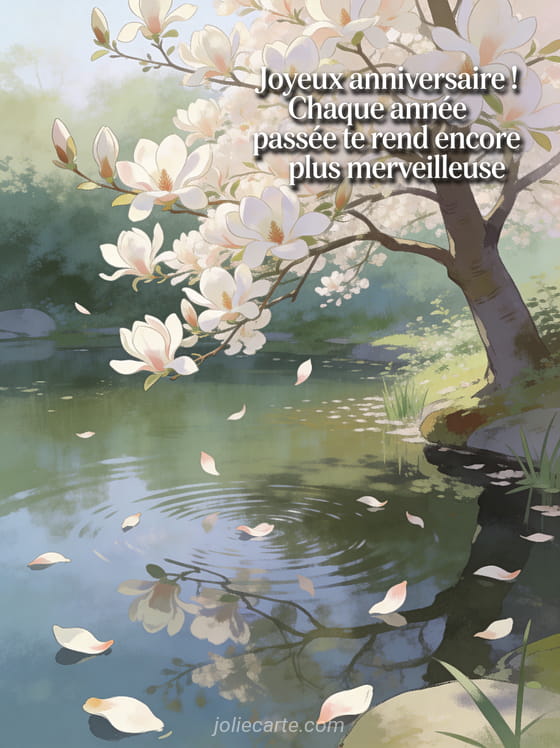 Magnolia en pleine floraison au bord d'un étang avec pétales tombant sur l'eau et le texte Joyeux anniversaire