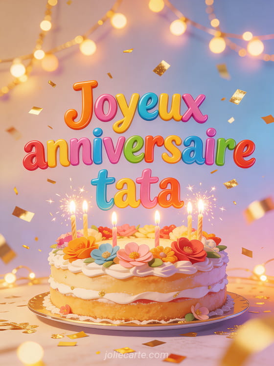 Texte Joyeux anniversaire tata en lettres colorées avec confettis dorés devant un gâteau décoré de fleurs et bougies scintillantes
