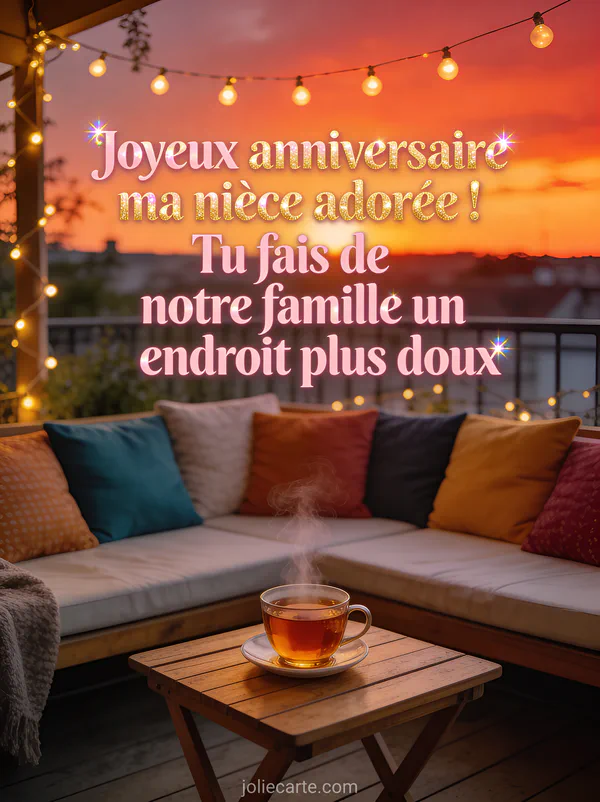 Terrasse cosy avec guirlandes lumineuses, coussins et tasse de thé fumante au coucher de soleil avec le texte Joyeux anniversaire ma nièce adorée