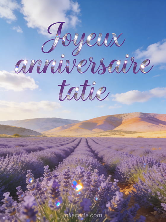 Texte Joyeux anniversaire tatie en lettres cursives violettes argentées devant un champ de lavande sous un ciel bleu avec collines provençales