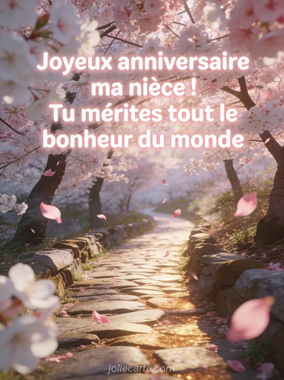 Chemin bordé de cerisiers en fleurs avec pétales roses volant dans la brise et le texte Joyeux anniversaire ma nièce