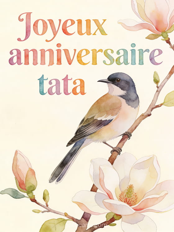 Texte Joyeux anniversaire tata en lettres aquarelle colorées avec un oiseau sur une branche de magnolia en fleurs style illustration botanique