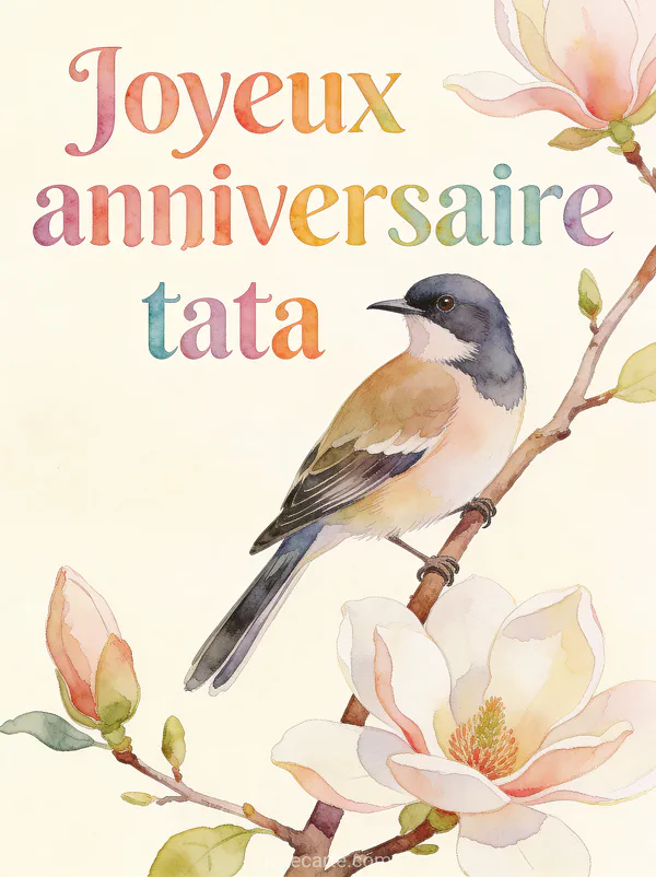 Texte Joyeux anniversaire tata en lettres aquarelle colorées avec un oiseau sur une branche de magnolia en fleurs style illustration botanique