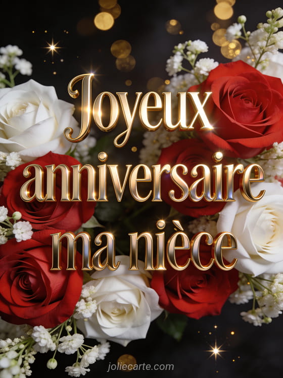 Roses rouges et blanches avec gypsophile sur fond sombre avec bokeh doré et le texte Joyeux anniversaire ma nièce en lettres dorées