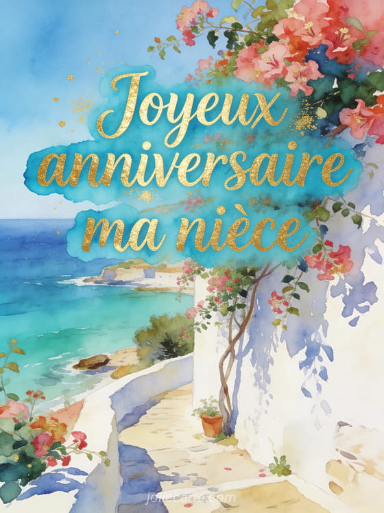 Paysage côtier méditerranéen avec bougainvilliers en fleurs sur mur blanc et mer turquoise avec le texte Joyeux anniversaire ma nièce