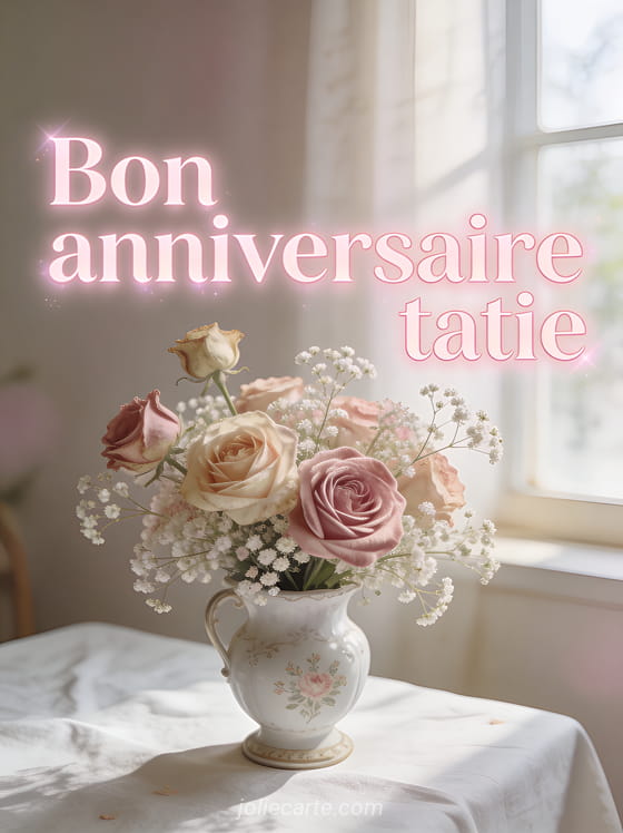 Texte Bon anniversaire tatie en lettres rose poudré avec roses anciennes et gypsophiles dans un vase vintage sur une table en lin blanc
