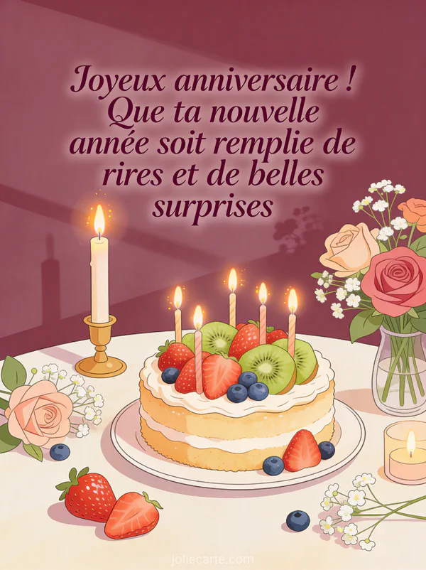 Table dressée avec gâteau d'anniversaire décoré de fruits frais et fleurs, chandelles allumées et le texte Joyeux anniversaire