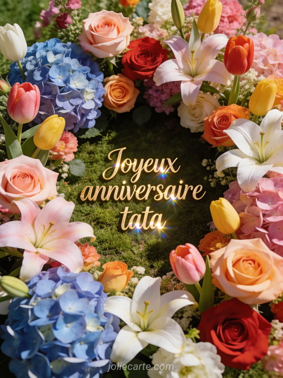 Texte Joyeux anniversaire tata en lettres dorées sur un parterre de fleurs multicolores vu d'en haut avec roses tulipes lys et hortensias