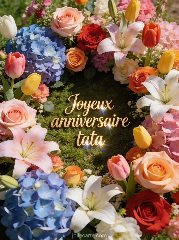 Texte Joyeux anniversaire tata en lettres dorées sur un parterre de fleurs multicolores vu d'en haut avec roses tulipes lys et hortensias