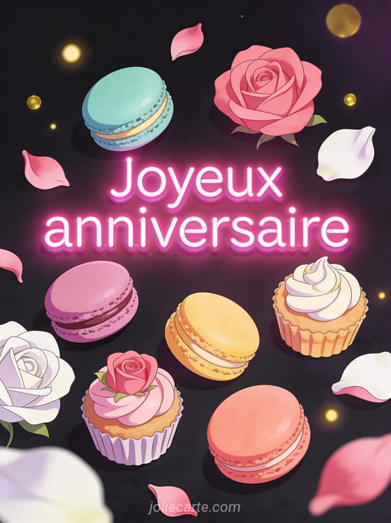 Macarons colorés et petits gâteaux avec pétales de rose sous un néon rose Joyeux anniversaire sur fond sombre