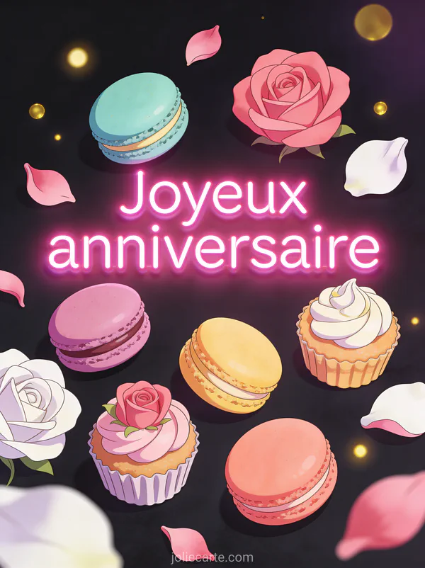 Macarons colorés et petits gâteaux avec pétales de rose sous un néon rose Joyeux anniversaire sur fond sombre