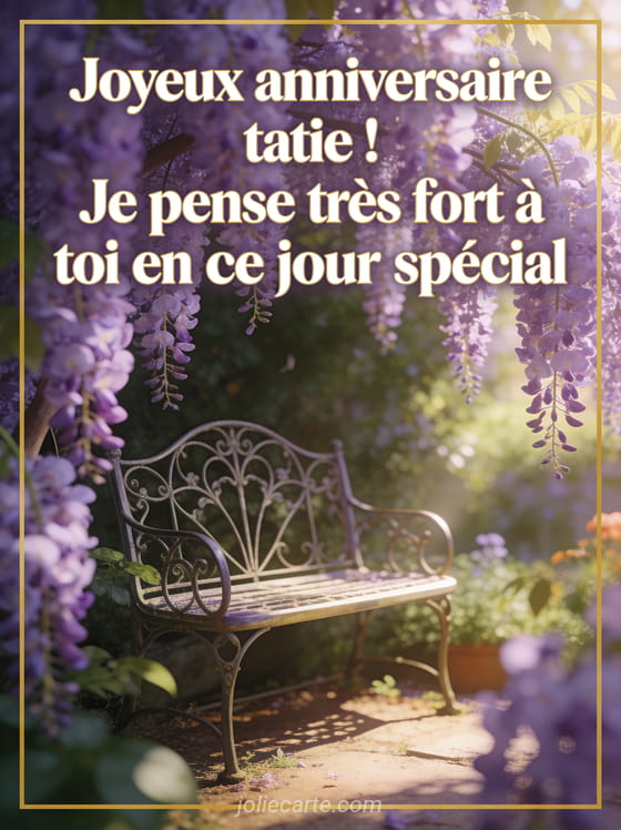 Texte Joyeux anniversaire tatie en lettres blanches bordées d'or dans un jardin secret avec banc en fer forgé et glycines mauves
