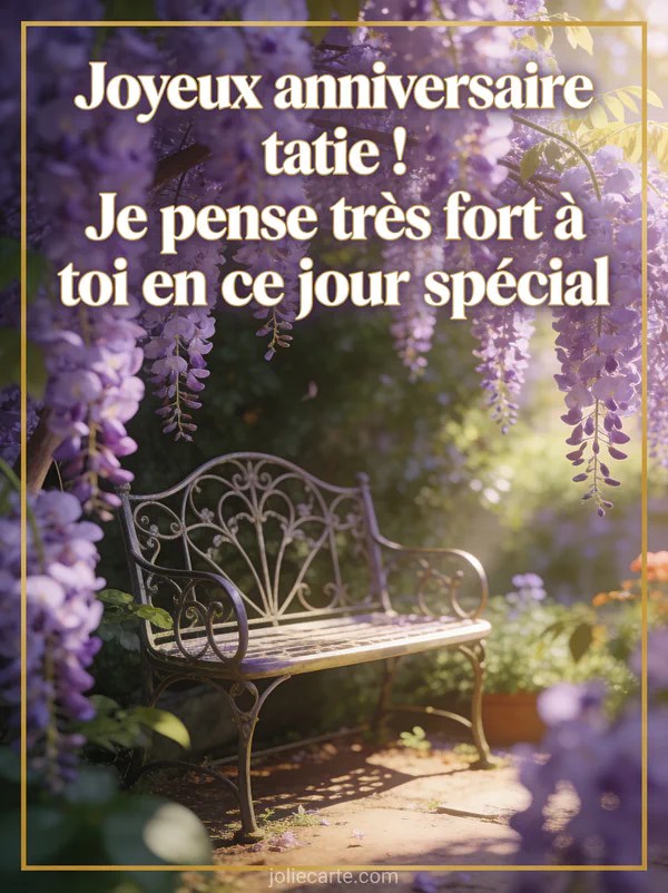 Texte Joyeux anniversaire tatie en lettres blanches bordées d'or dans un jardin secret avec banc en fer forgé et glycines mauves