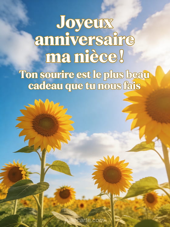 Champ de tournesols sous un grand ciel bleu avec nuages blancs et lumière dorée naturelle avec le texte Joyeux anniversaire ma nièce