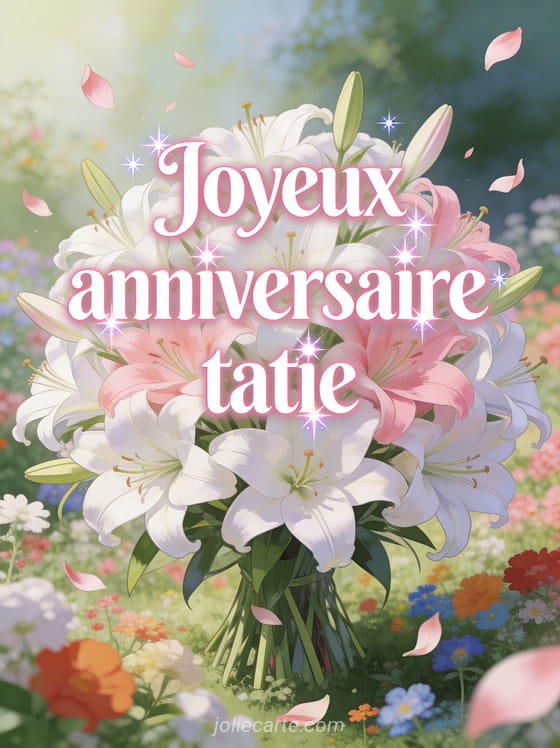 Texte Joyeux anniversaire tatie en lettres blanches avec contour rose sur un immense bouquet de lys blancs et roses dans un jardin fleuri