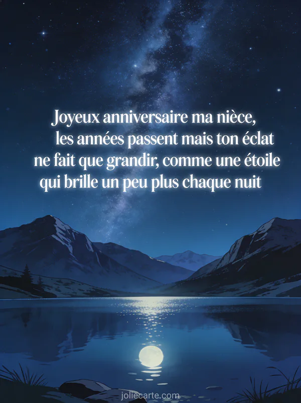 Ciel étoilé au-dessus d'un lac de montagne avec voie lactée et reflets sur l'eau et le texte Joyeux anniversaire ma nièce