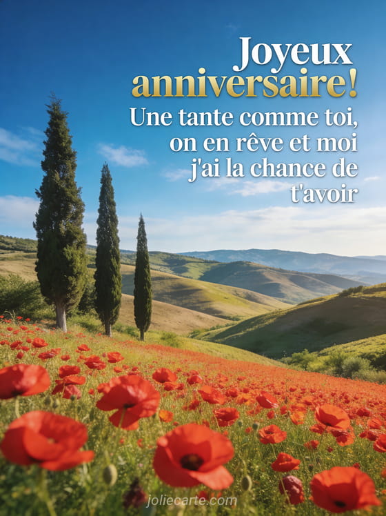 Texte Joyeux anniversaire en lettres blanches dorées devant des collines toscanes avec cyprès et champ de coquelicots rouges sous un ciel bleu