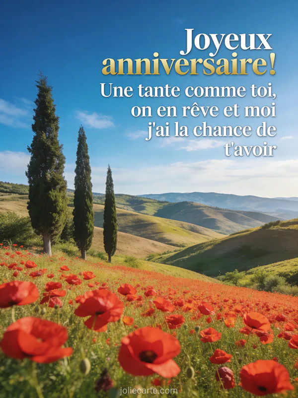 Texte Joyeux anniversaire en lettres blanches dorées devant des collines toscanes avec cyprès et champ de coquelicots rouges sous un ciel bleu