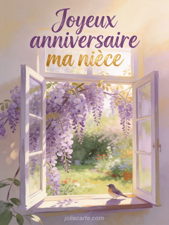 Fenêtre ouverte sur jardin printanier avec glycines tombantes et oiseau posé sur le rebord avec le texte Joyeux anniversaire ma nièce