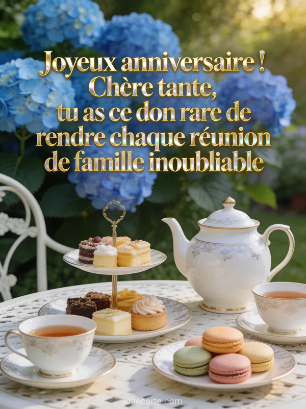 Texte Joyeux anniversaire en lettres dorées nacrées avec un service à thé en porcelaine et macarons sur une table de jardin avec hortensia bleu