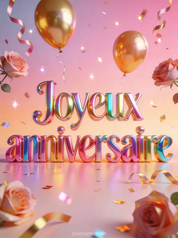 Ballons dorés et roses flottant avec rubans et confettis scintillants sur fond pastel avec le texte Joyeux anniversaire en lettres 3D colorées