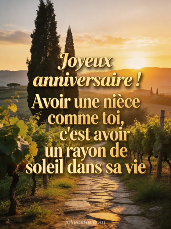 Paysage toscan au coucher de soleil avec cyprès, vignes et chemin de pierre sous une lumière dorée avec le texte Joyeux anniversaire