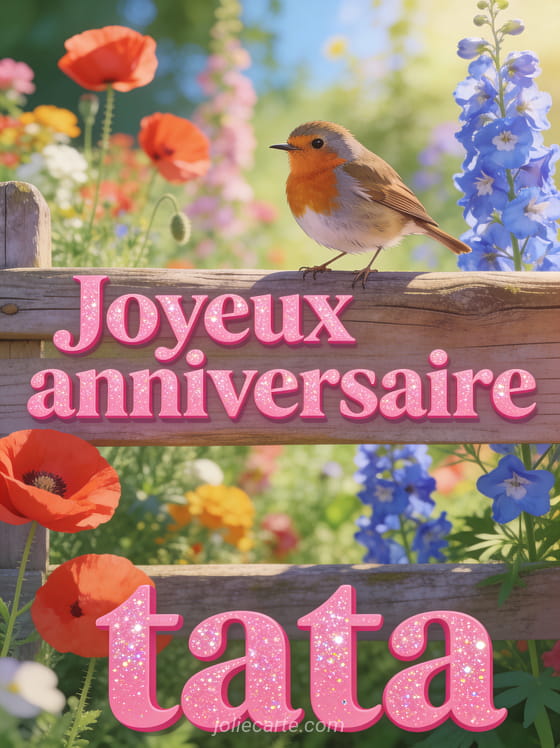 Texte Joyeux anniversaire tata en lettres rose vif avec un rouge-gorge sur une clôture en bois devant un jardin anglais coloré