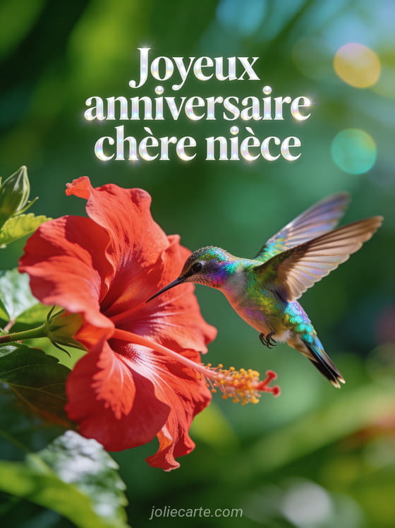 Colibri iridescent voletant près d'un hibiscus rouge en fleur sur fond vert émeraude avec le texte Joyeux anniversaire chère nièce