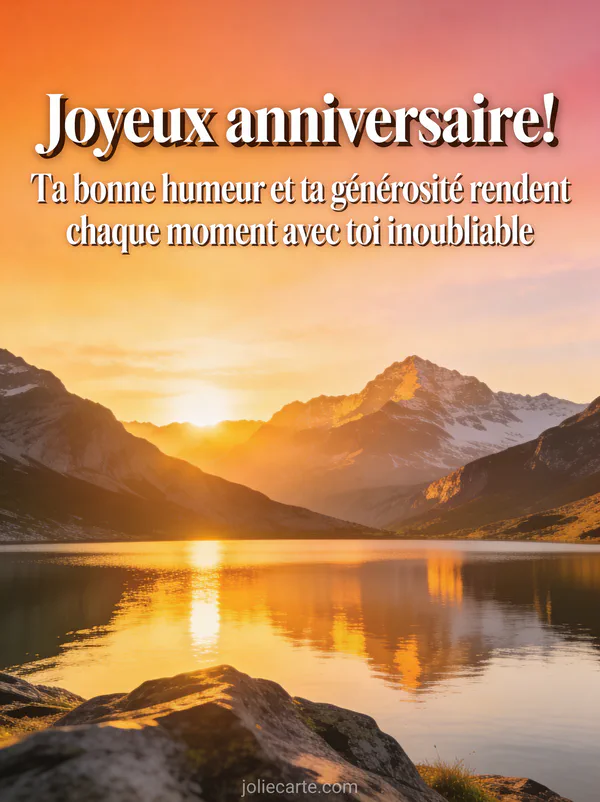 Paysage de montagne au lever du soleil avec reflets dorés sur un lac et texte joyeux anniversaire en typographie blanche élégante