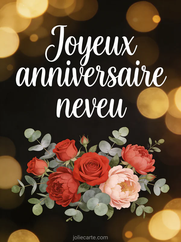 Composition florale de roses rouges et pivoines avec feuilles d'eucalyptus et texte joyeux anniversaire neveu en calligraphie blanche
